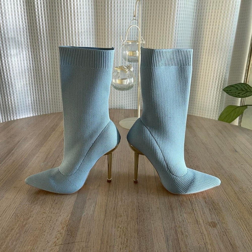 Cuccoo Blue Knit Sock Boots Pointed Toe Stiletto High Heels Booties Size 5.5-6 - Picture 4 of 8